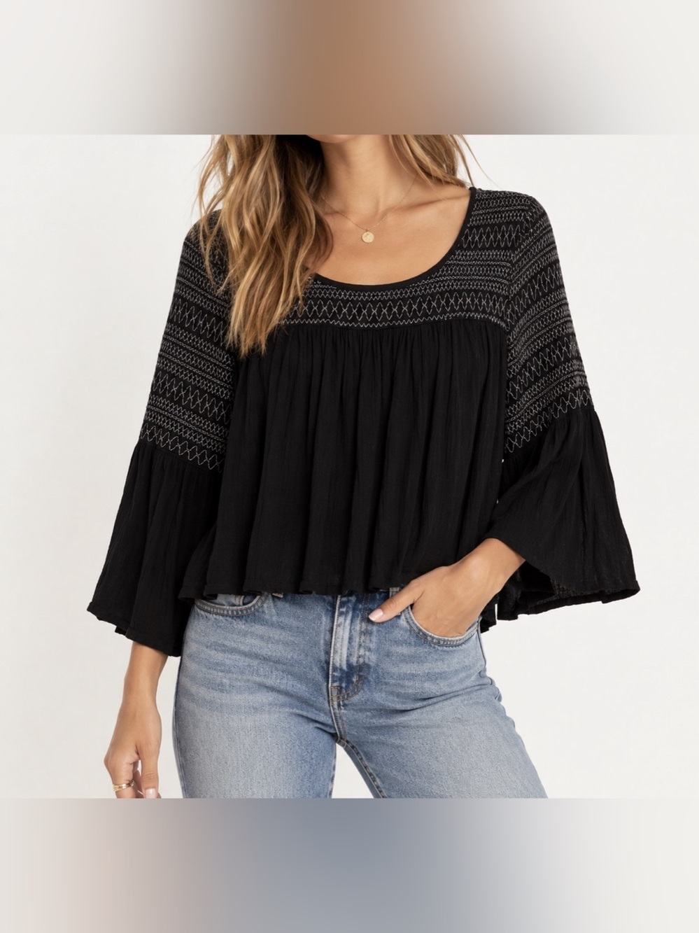 Free People Beach Black with Gray Embroidery Boho Blouse - Size L